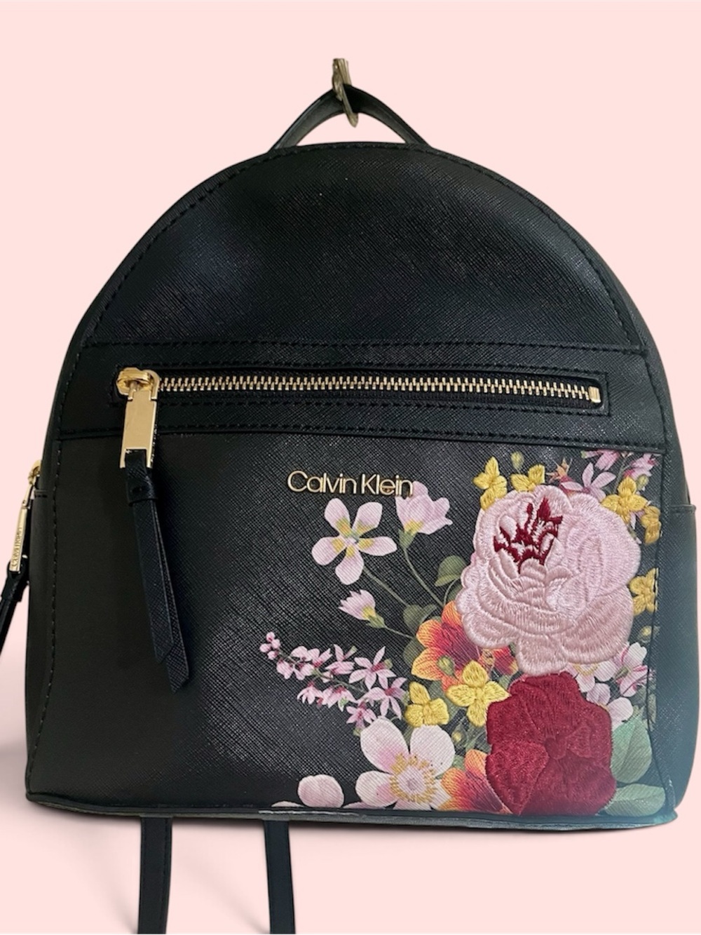 Calvin Klein Black Floral Mini Backpack with Gold Hardware